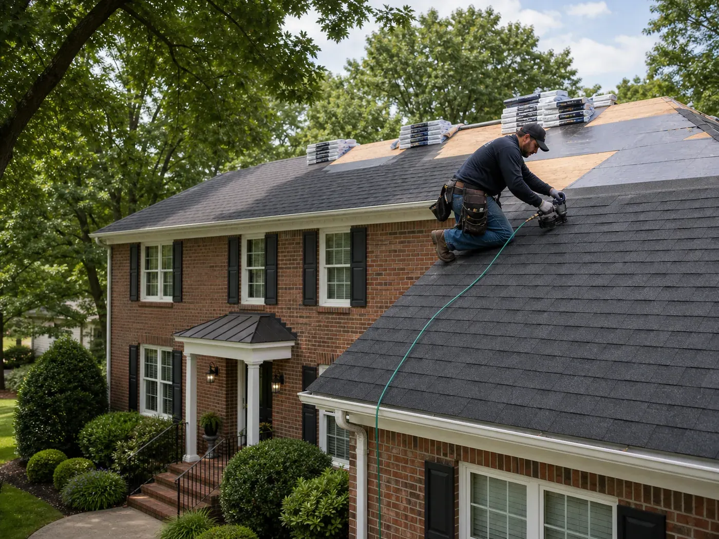 Roofer installing architectural shingles on a two-story colonial home in Charlotte NC