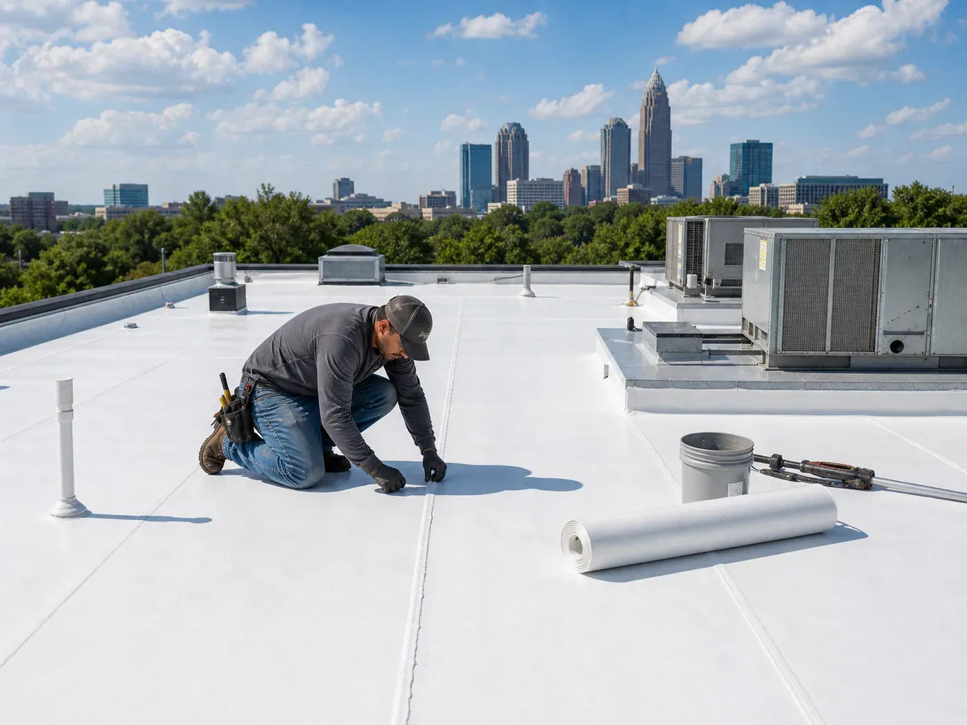 Flat TPO membrane roof on a Charlotte commercial building