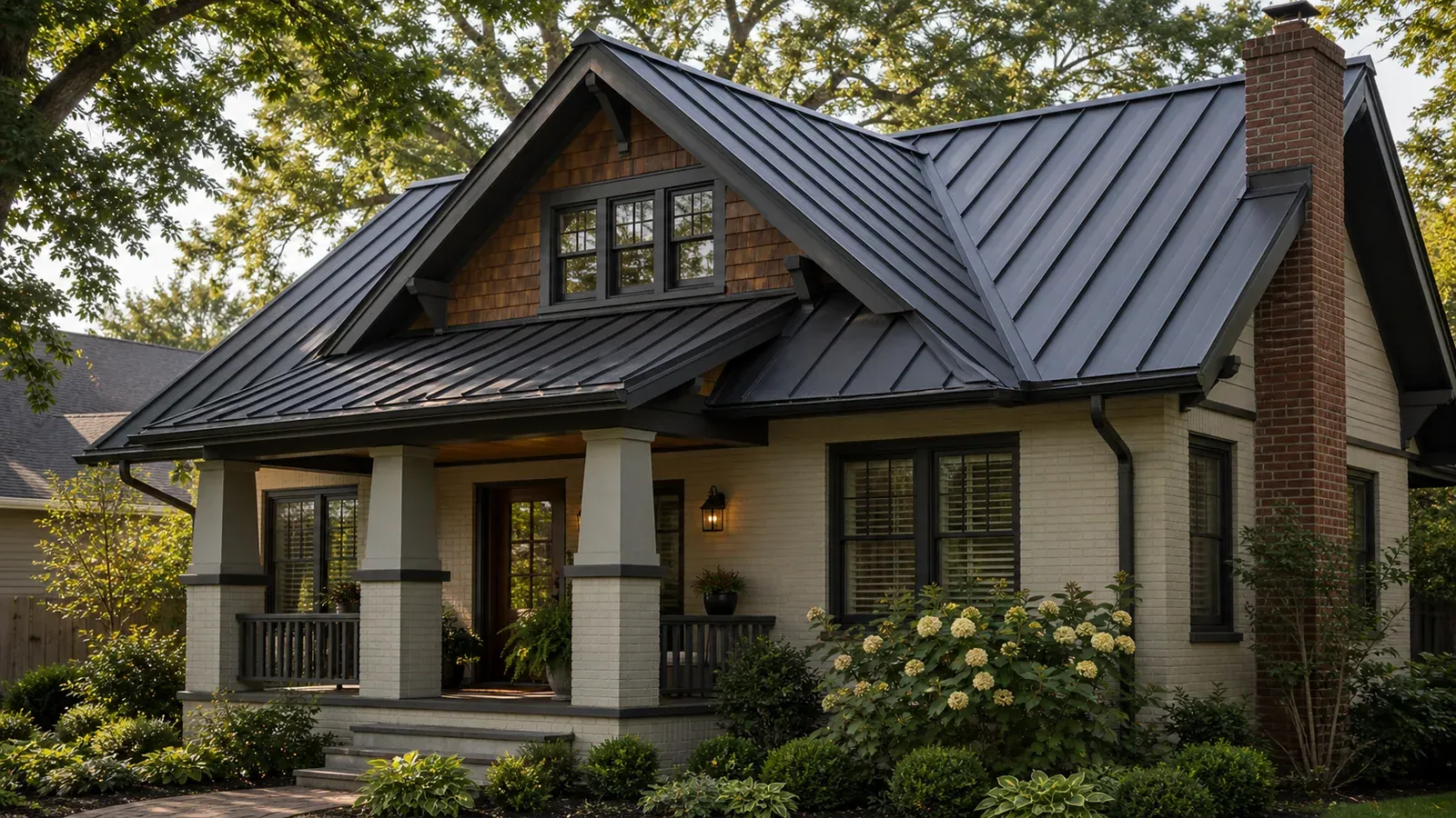 Standing seam metal roof on a Charlotte NC craftsman bungalow surrounded by mature trees