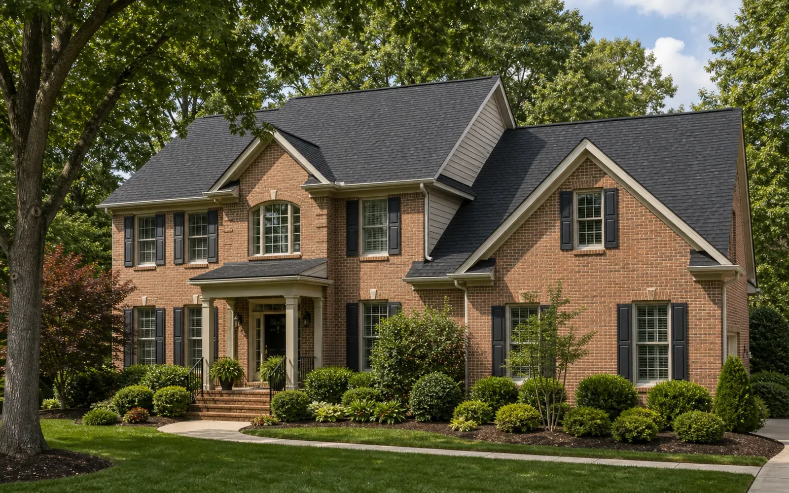 New architectural shingle roof on a brick Charlotte NC home beneath mature oak trees