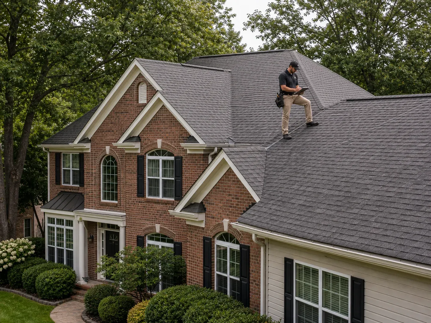 Professional roof inspection on a Charlotte two-story home