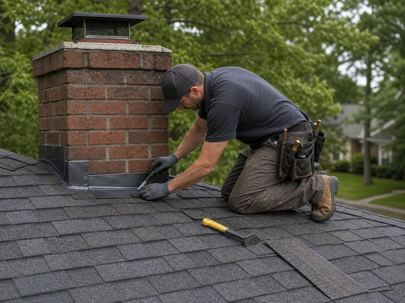 Roofer repairing a leak around a chimney on a Charlotte home