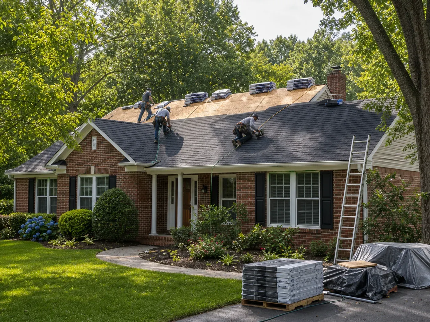 New architectural shingle roof replacement on a Charlotte brick ranch