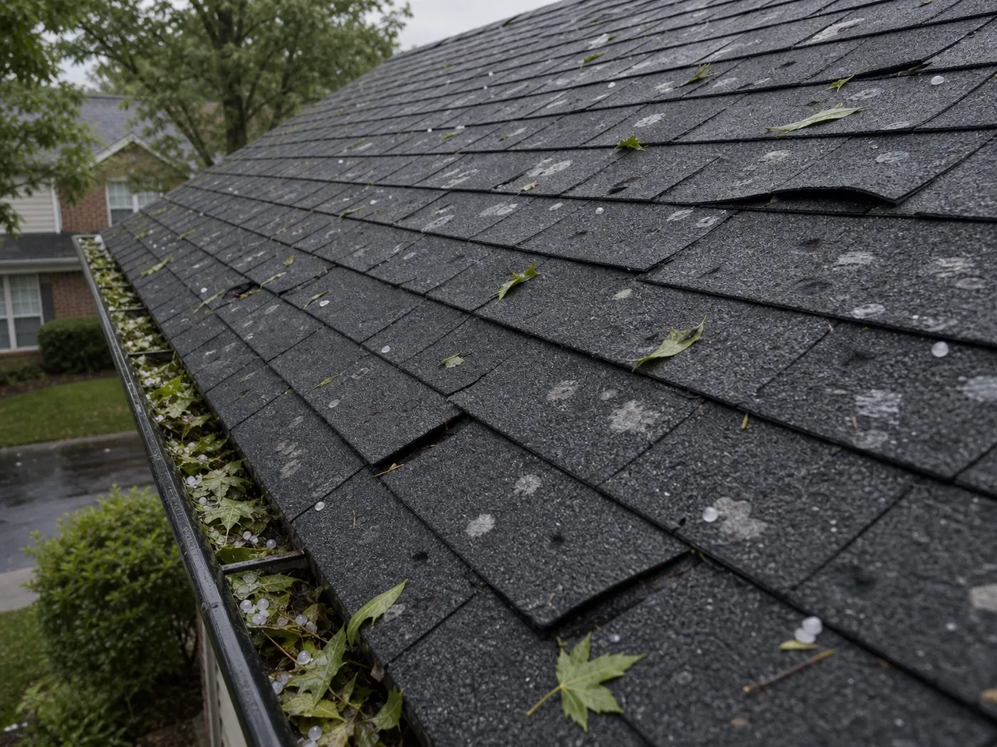 Hail-damaged shingles on a Charlotte roof after a Piedmont thunderstorm